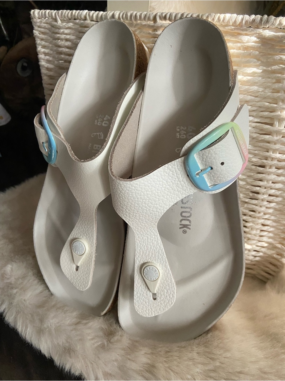 Birkenstock Gizeh Big Buckle White Thong Sandals with Pastel Gradient Buckles